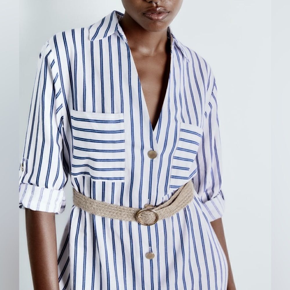 Zara Linen Blend Striped Belted Dress - Picture 3 of 9